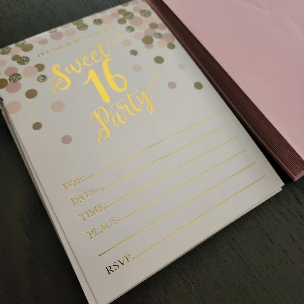 Sweet 16 birthday party invitations pink and gold (18 invitations/19 envelopes)